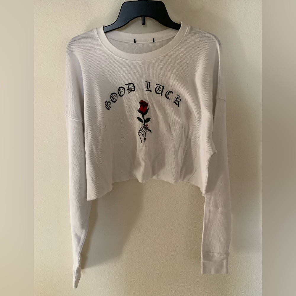 Cropped and Baggy Waffle-Knit "Good Luck" Long Sleeve with an Embroidered Rose